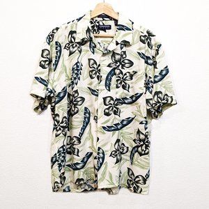 Vintage Rayon Hawaiian Shirt Camp Collar Cream Green Floral Tropical Print